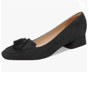YDN Black Block Low Heel Loafer Square Toe Tassel Fringe Pump Slip On Dress Shoe